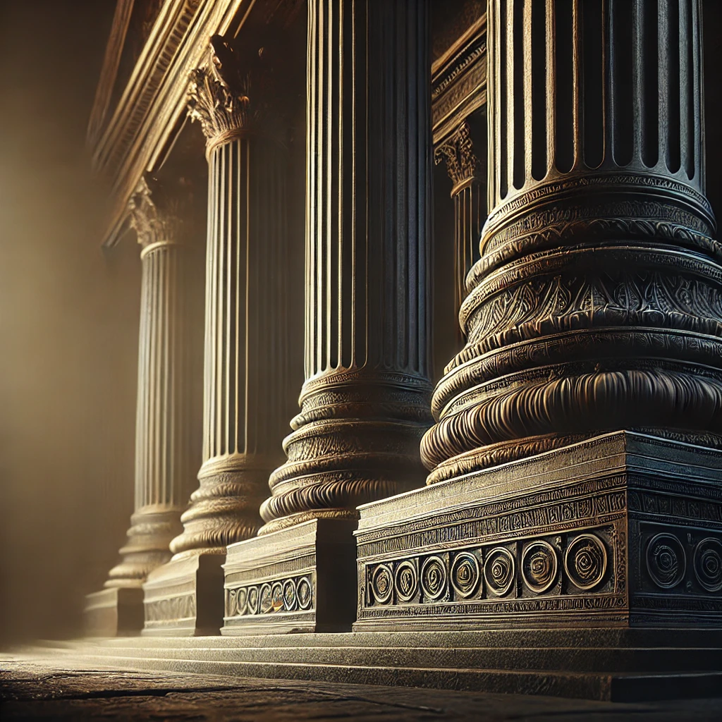 DALL·E 2024-06-26 14.04.44 - A realistic, dark-toned image of the entrance of a Roman temple, showing the lower parts of three ancient Roman pillars from a side angle. The pillars